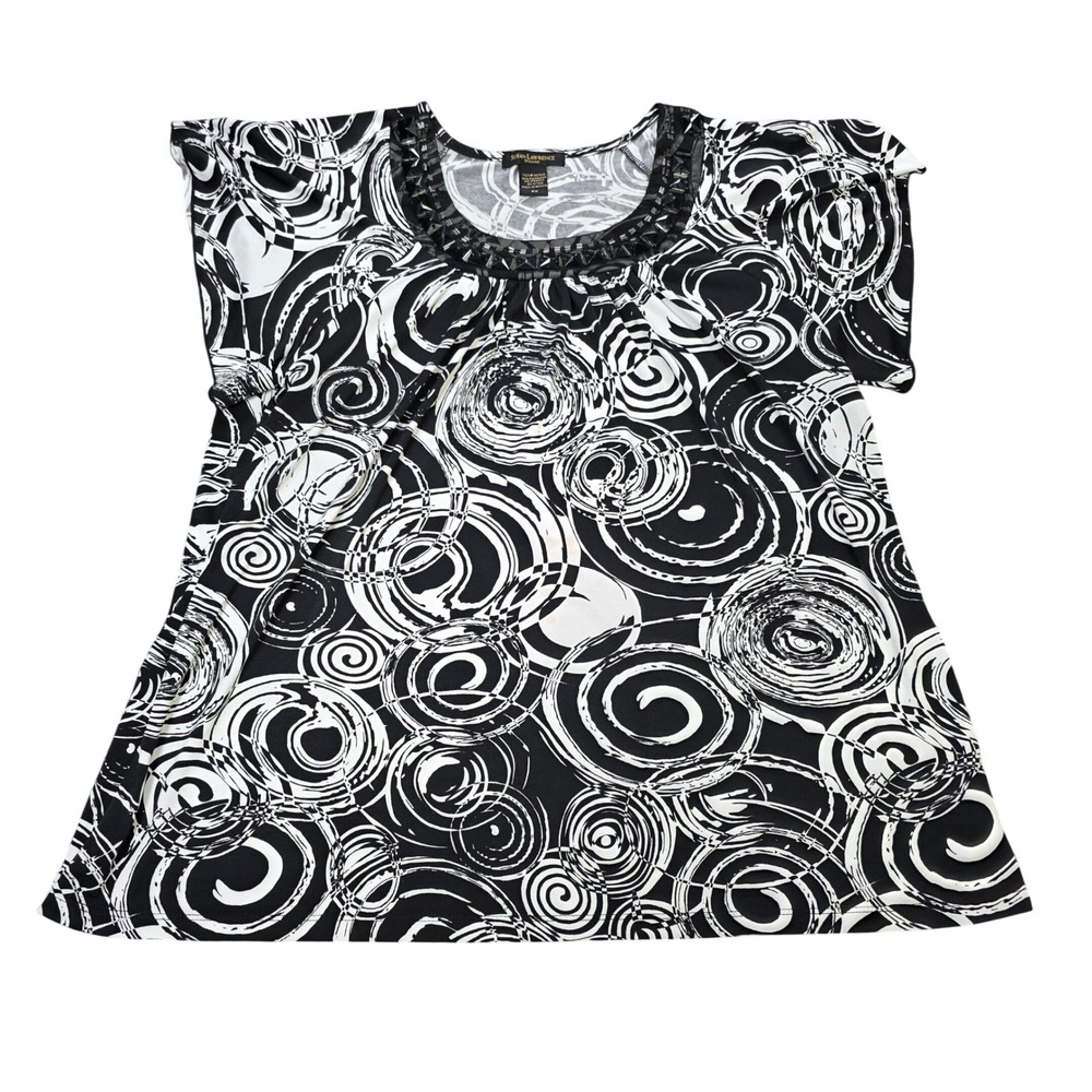 Susan Lawrence Spiral Studded Neck Top Women's Size 2X Black White Short Sleeve